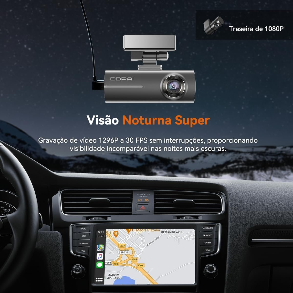 Câmera Veicular DDPAI N1 Dual Frente e Ré 1296P UHD WiFi Visão Noturna Supercapacitor App