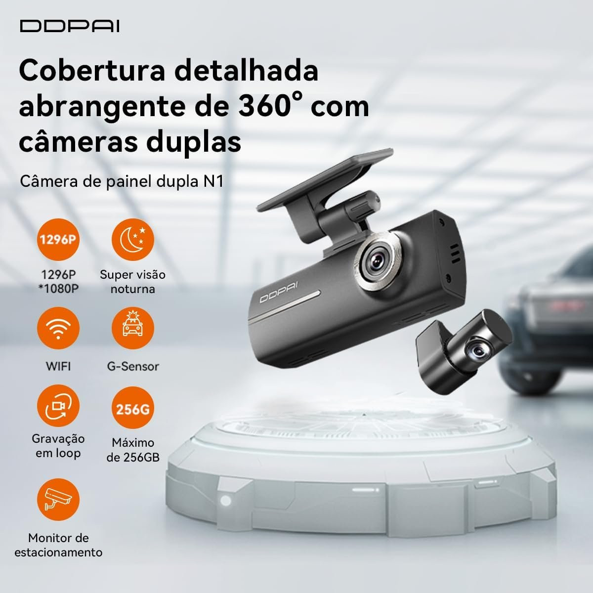 Câmera Veicular DDPAI N1 Dual Frente e Ré 1296P UHD WiFi Visão Noturna Supercapacitor App