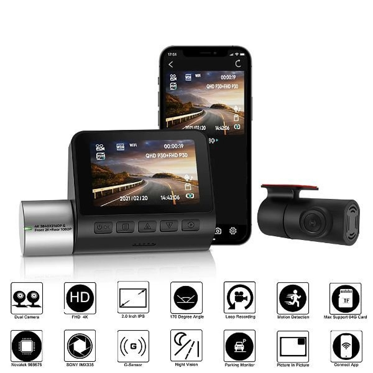 Camera Veicular Novatek 2K 4K Single Dual Dash Cam Pro 2.0" WiFi  Frontal 170 e Traseira 140 Graus Wide Angle 24H Estacionamento