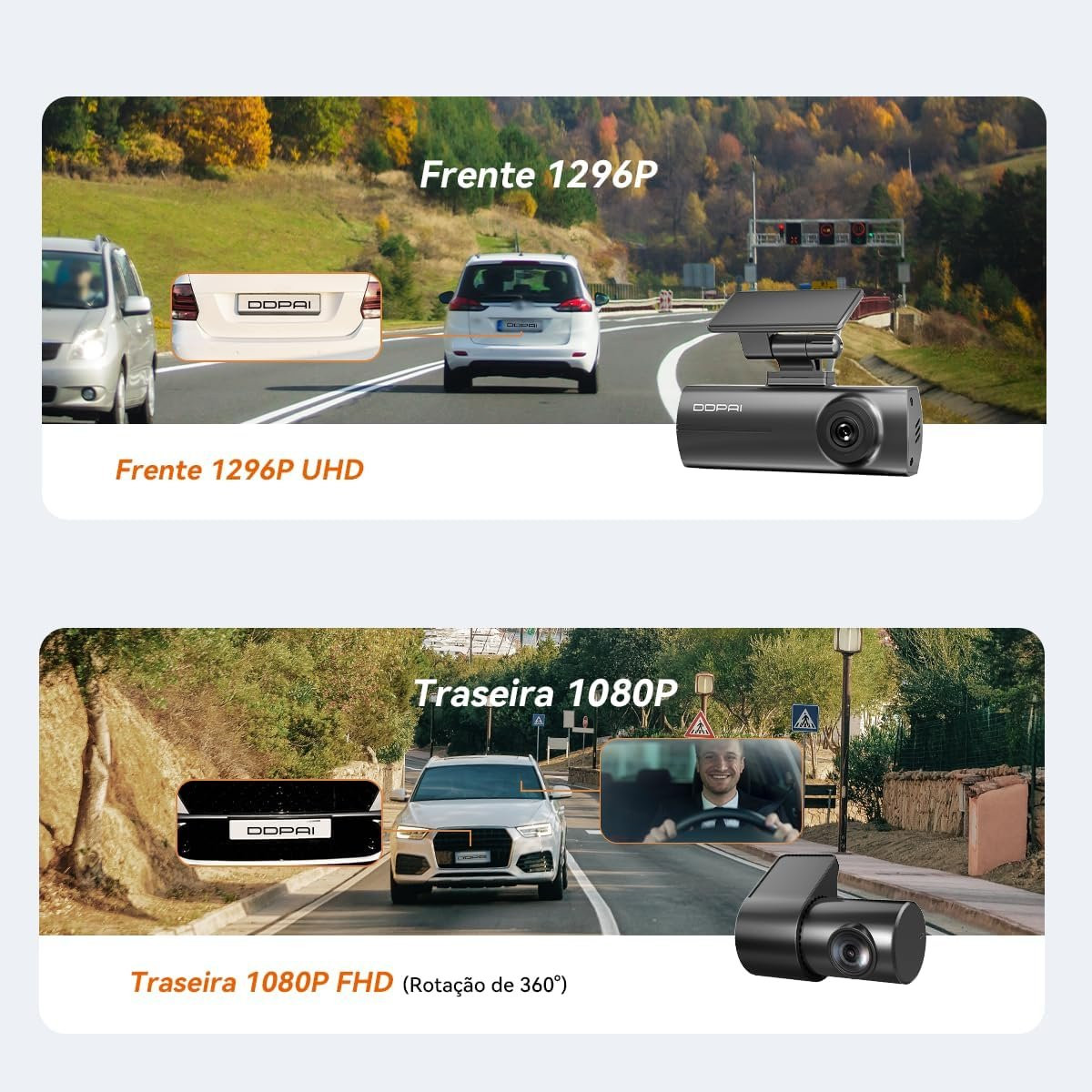 Câmera Veicular DDPAI N1 Dual Frente e Ré 1296P UHD WiFi Visão Noturna Supercapacitor App