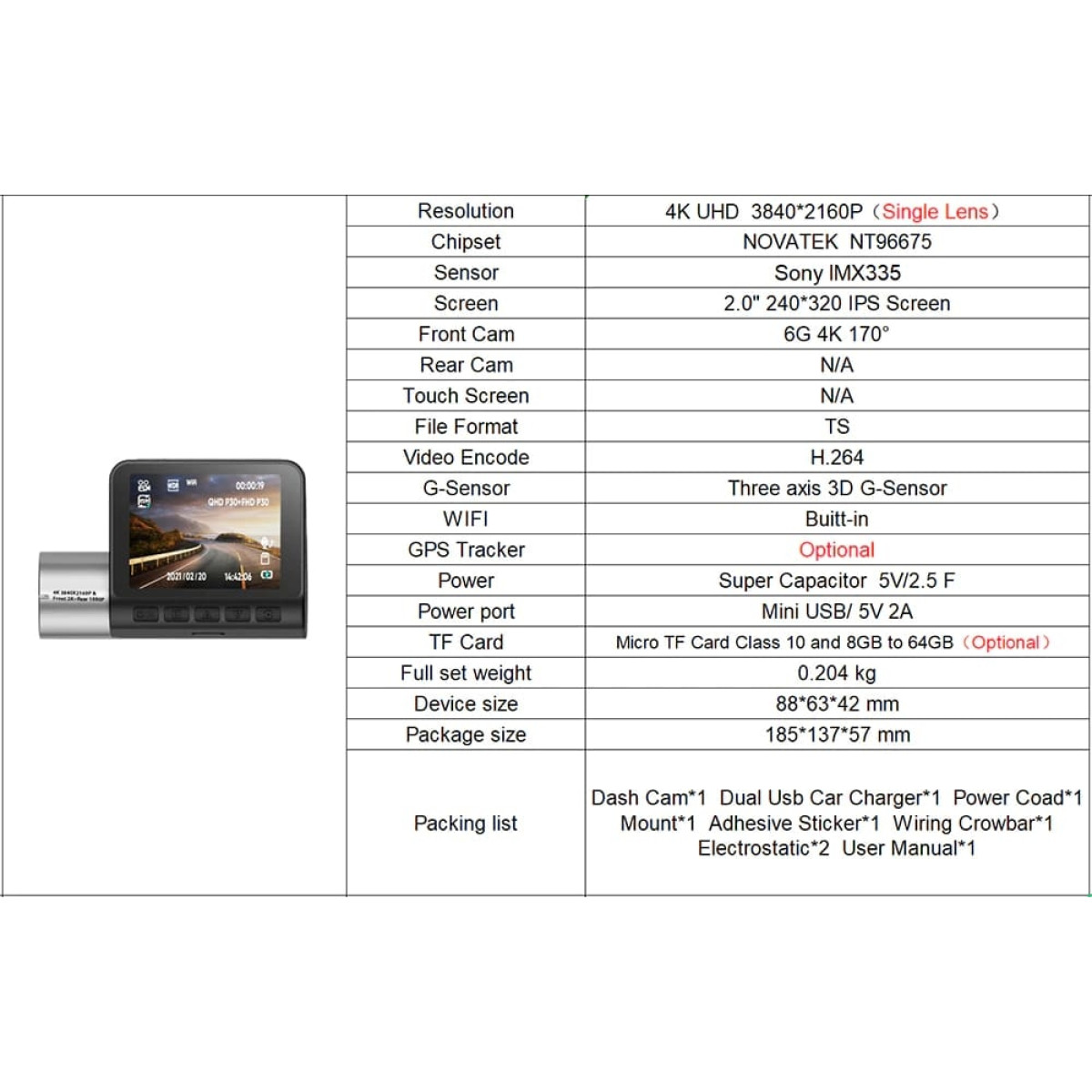 Camera Veicular Novatek 2K 4K Single Dual Dash Cam Pro 2.0" WiFi  Frontal 170 e Traseira 140 Graus Wide Angle 24H Estacionamento